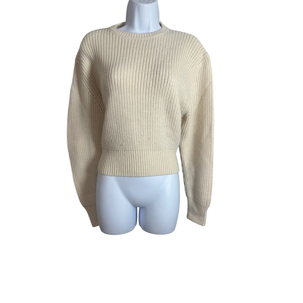 Zara Womens Cream Ribbed Knit Crew Neck Long Sleeve Cropped Sweater Size S